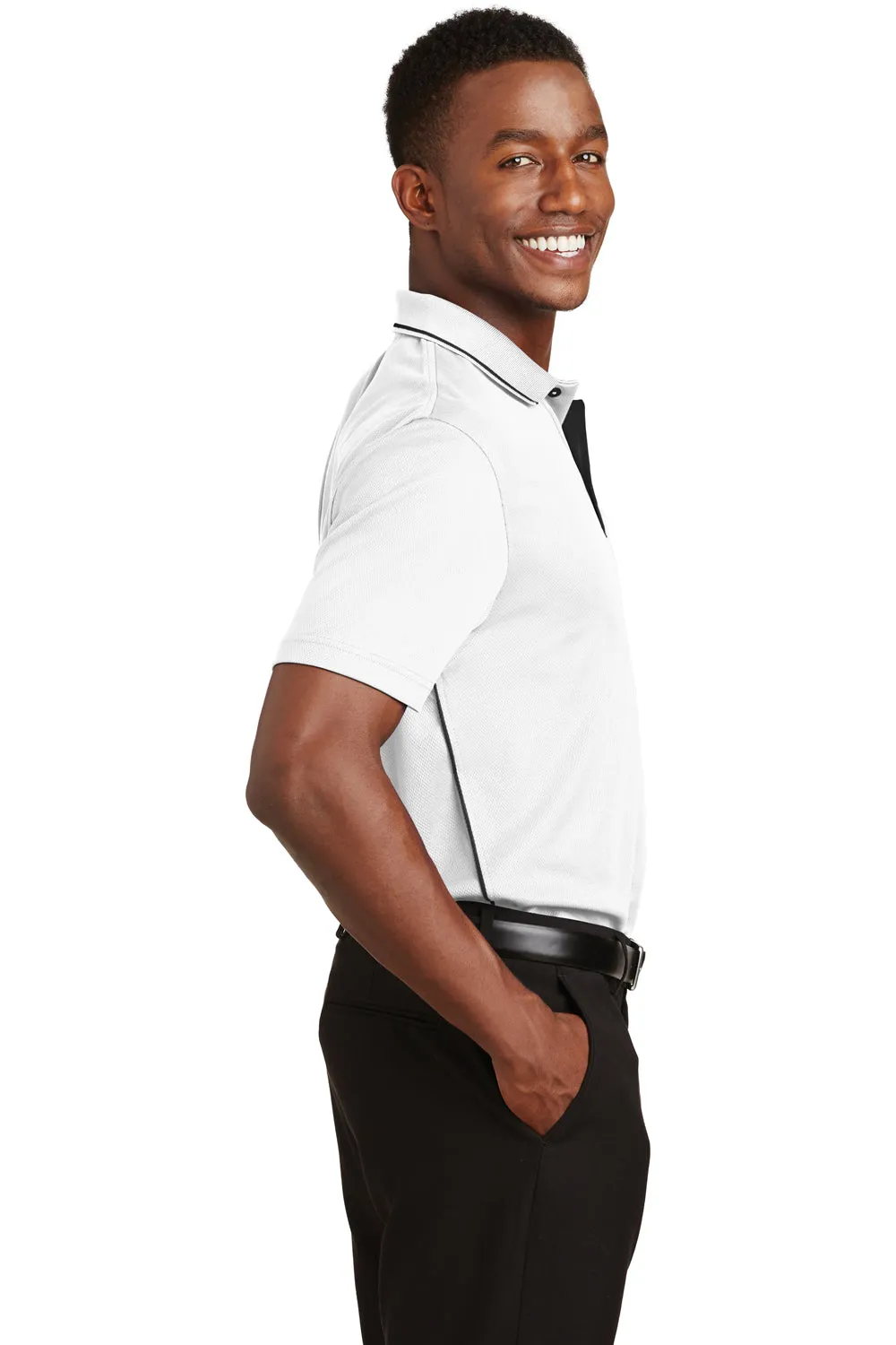 Sport-Tek Mens Dri-Mesh Moisture Wicking Short Sleeve Polo Shirt - White/Black - Closeout Clothing Sport-Tek
