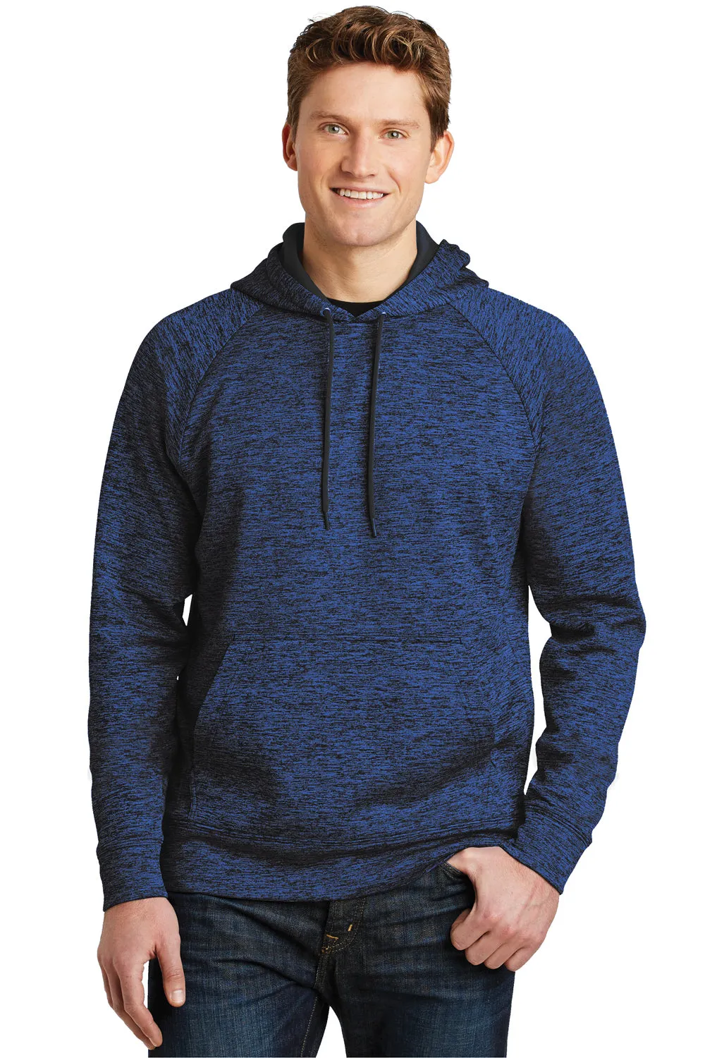Sport-Tek Mens Electric Heather Moisture Wicking Fleece Hooded Sweatshirt Hoodie w/ Pouch Pocket - Dark Royal Blue Electric - Closeout Clothing Sport-Tek