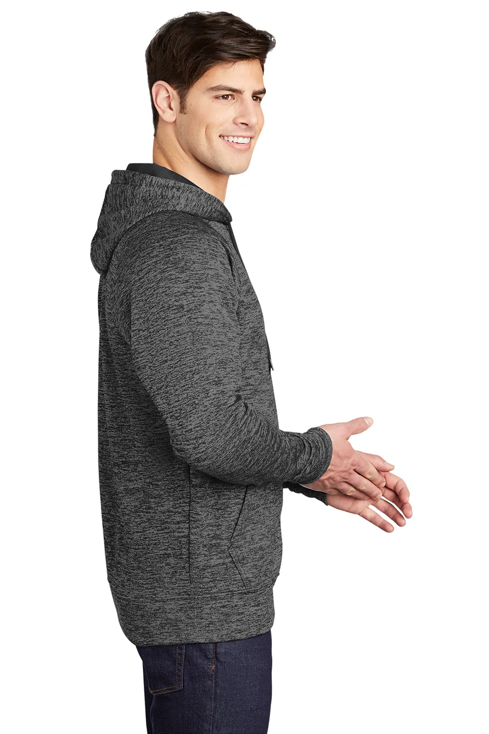 Sport-Tek Mens Electric Heather Moisture Wicking Fleece Hooded Sweatshirt Hoodie w/ Pouch Pocket - Grey Black Electric Clothing Sport-Tek