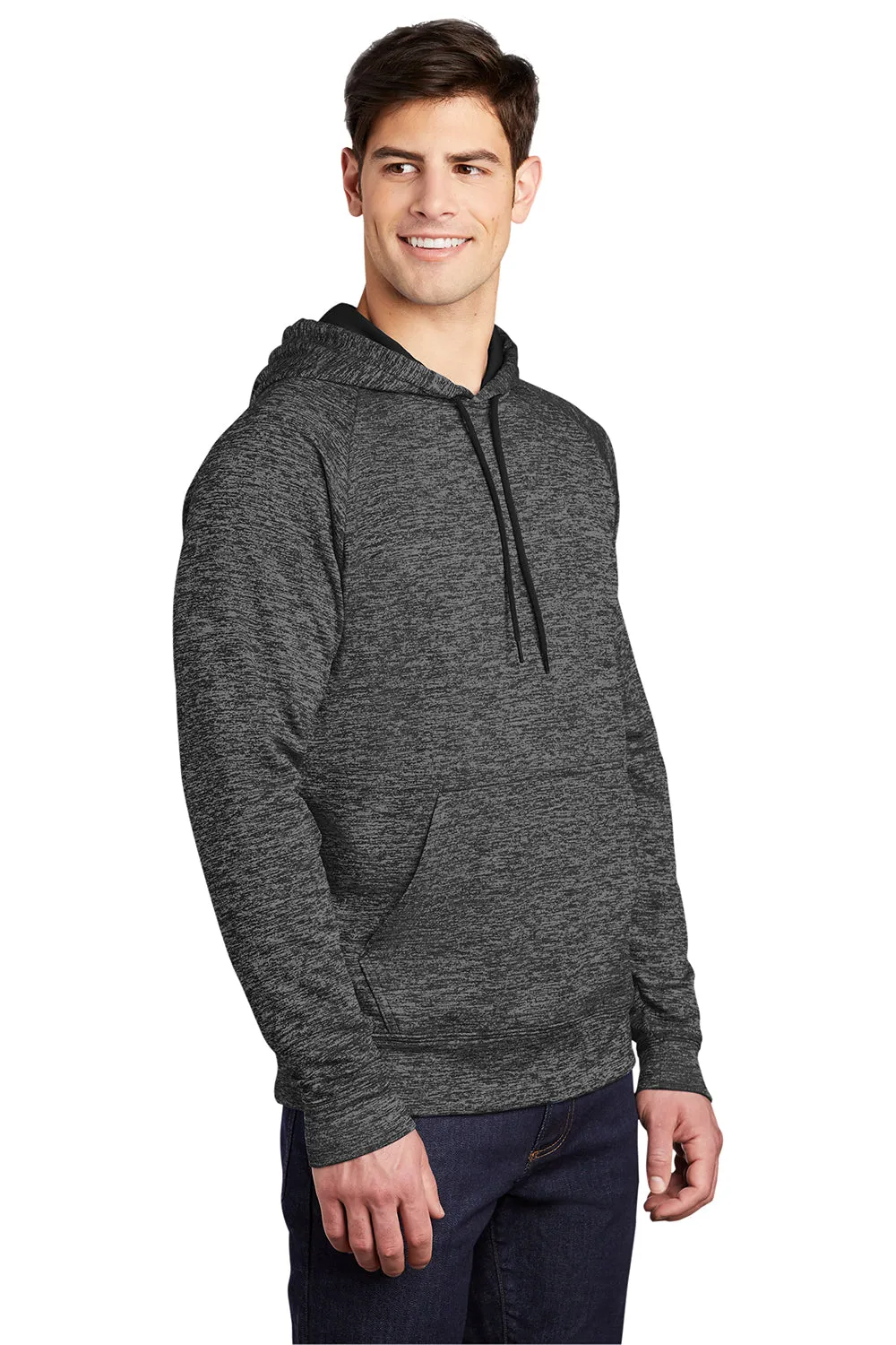 Sport-Tek Mens Electric Heather Moisture Wicking Fleece Hooded Sweatshirt Hoodie w/ Pouch Pocket - Grey Black Electric Clothing Sport-Tek