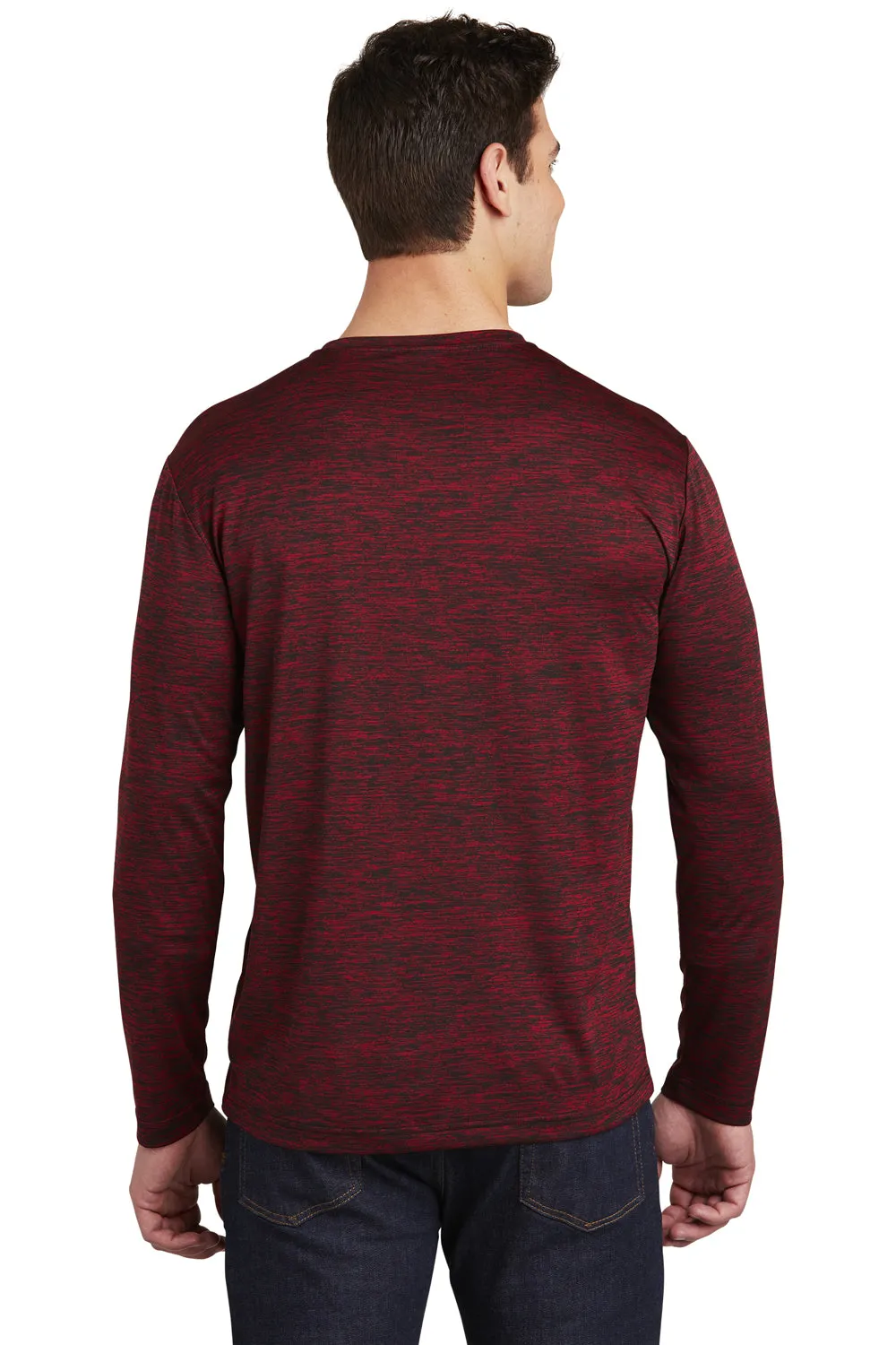Sport-Tek Mens Electric Heather Moisture Wicking Long Sleeve Crewneck T-Shirt - Deep Red Black Electric Clothing Sport-Tek