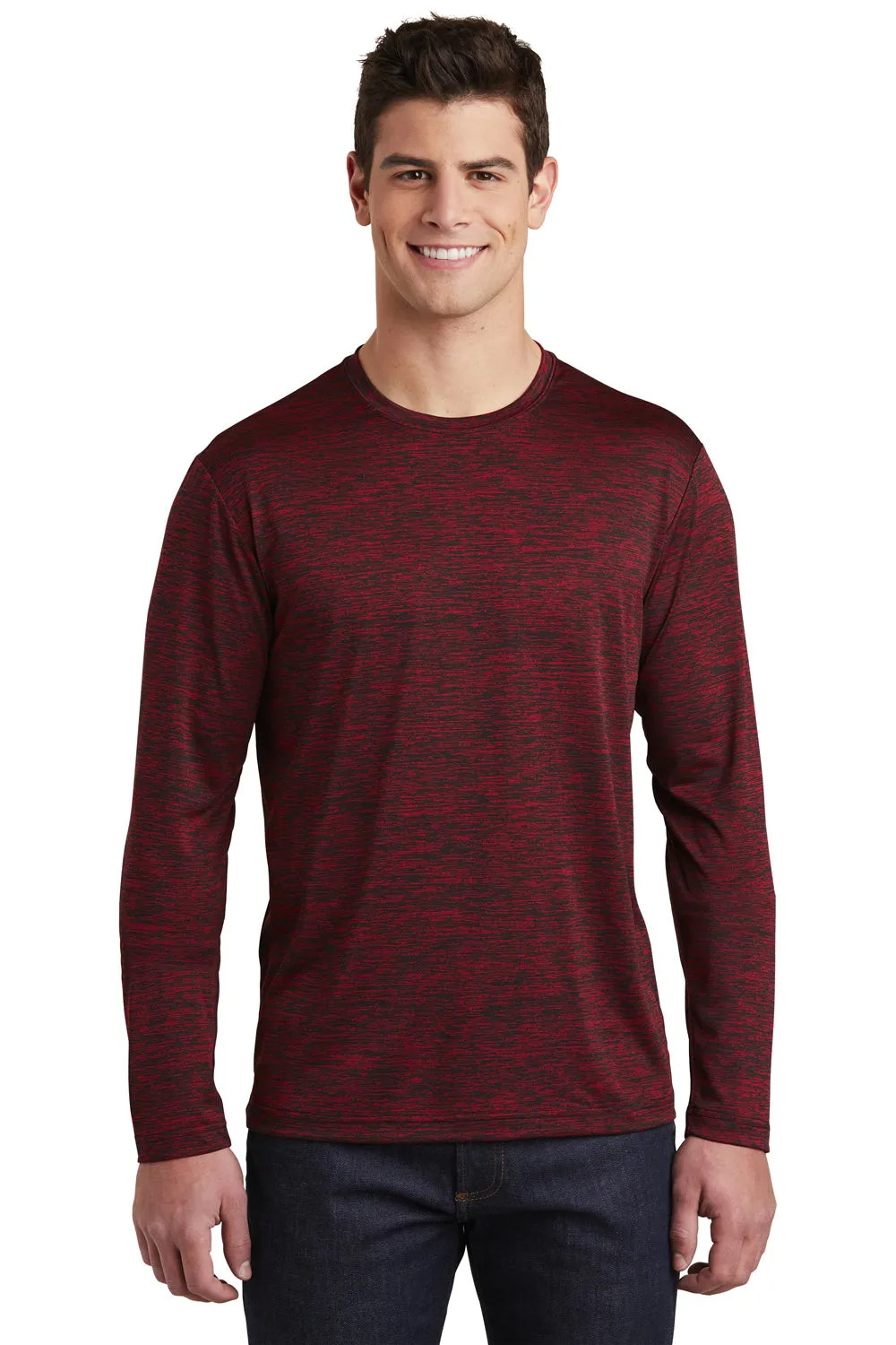 Sport-Tek Mens Electric Heather Moisture Wicking Long Sleeve Crewneck T-Shirt - Deep Red Black Electric Clothing Sport-Tek