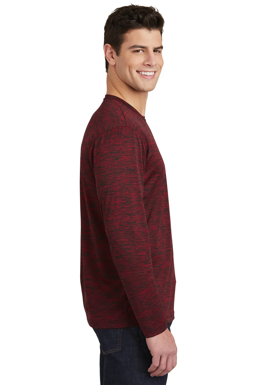 Sport-Tek Mens Electric Heather Moisture Wicking Long Sleeve Crewneck T-Shirt - Deep Red Black Electric Clothing Sport-Tek