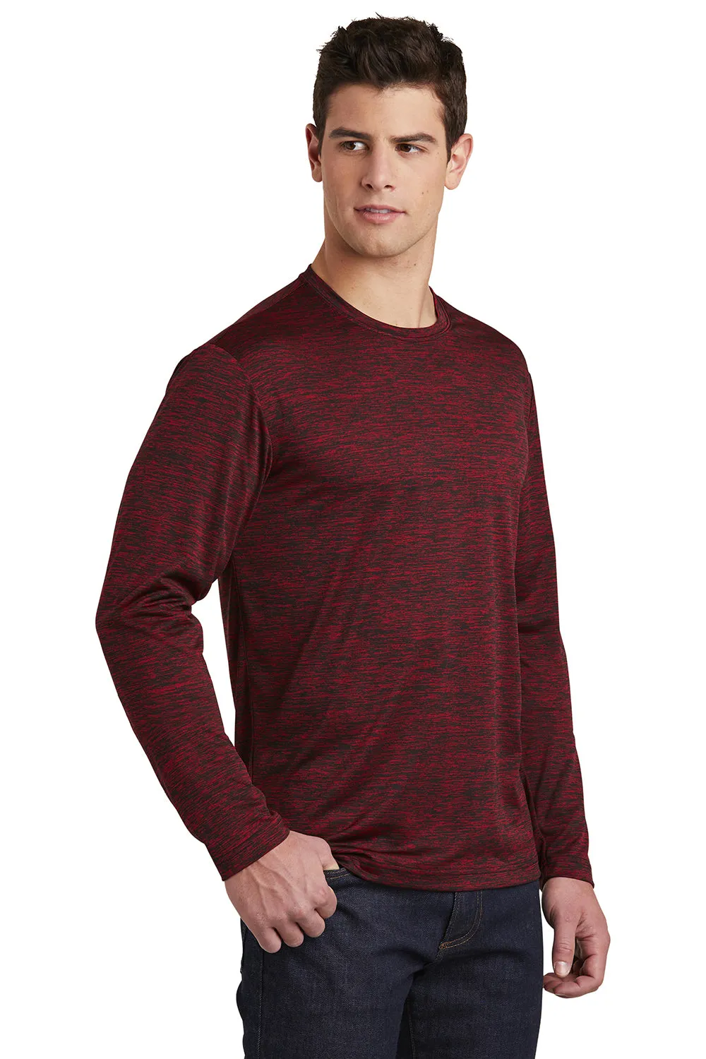 Sport-Tek Mens Electric Heather Moisture Wicking Long Sleeve Crewneck T-Shirt - Deep Red Black Electric Clothing Sport-Tek