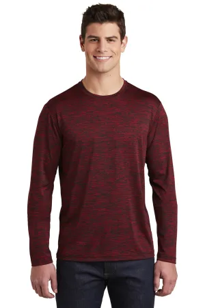 Sport-Tek Mens Electric Heather Moisture Wicking Long Sleeve Crewneck T-Shirt - Deep Red Black Electric Clothing Sport-Tek