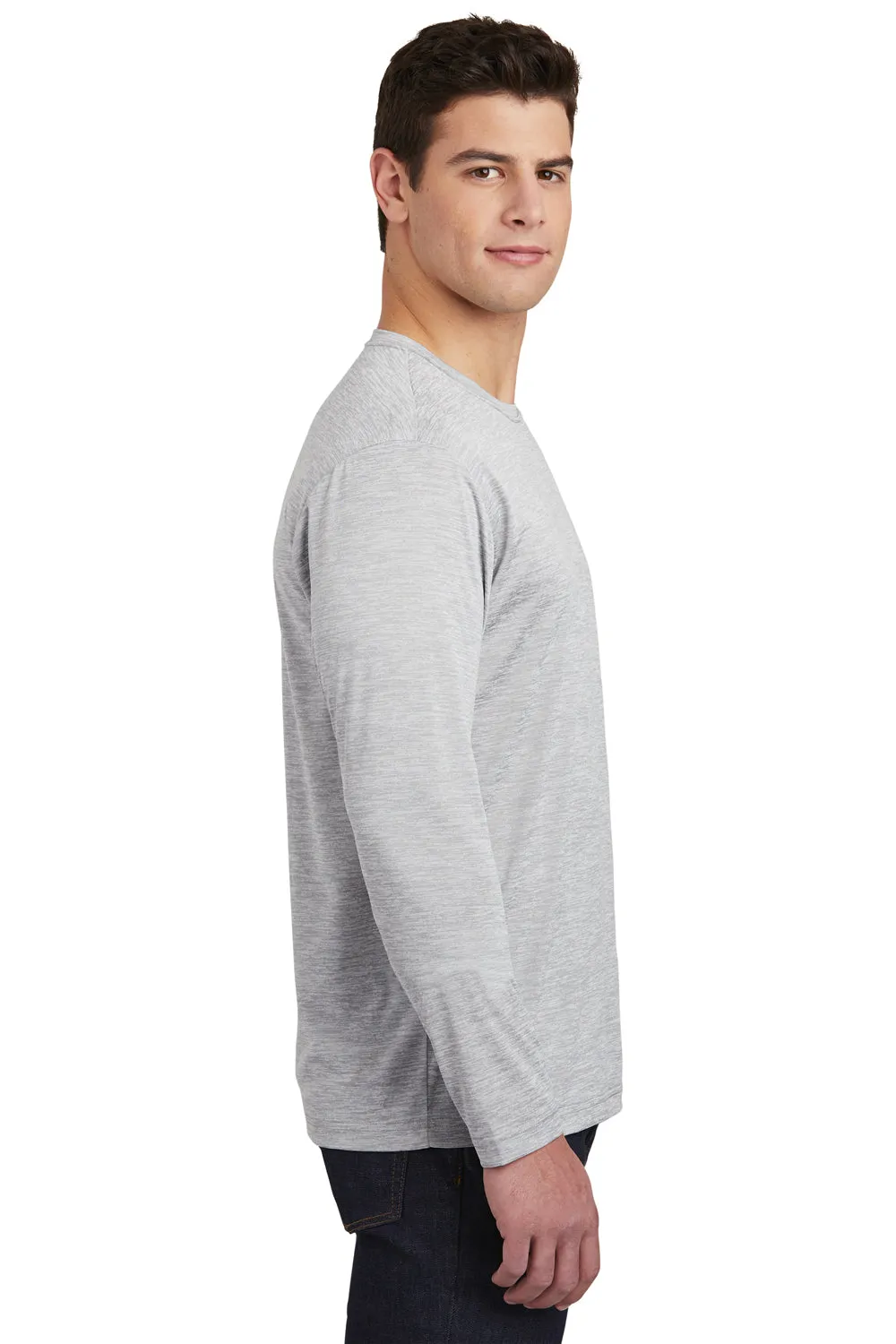 Sport-Tek Mens Electric Heather Moisture Wicking Long Sleeve Crewneck T-Shirt - Silver Grey Electric Clothing Sport-Tek