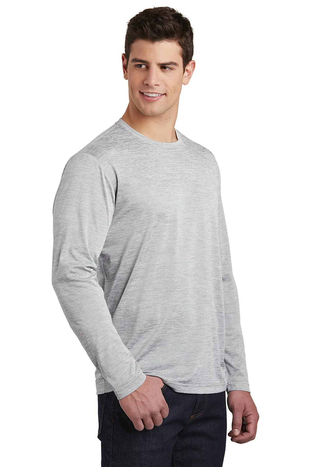 Sport-Tek Mens Electric Heather Moisture Wicking Long Sleeve Crewneck T-Shirt - Silver Grey Electric Clothing Sport-Tek