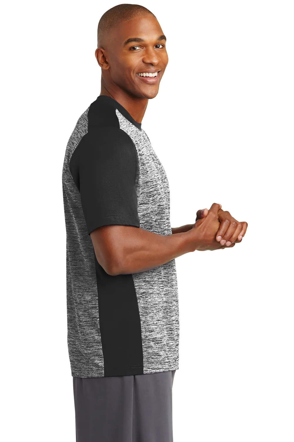 Sport-Tek Mens Electric Heather Moisture Wicking Short Sleeve Crewneck T-Shirt - Black Electric/Black - Closeout Clothing Sport-Tek