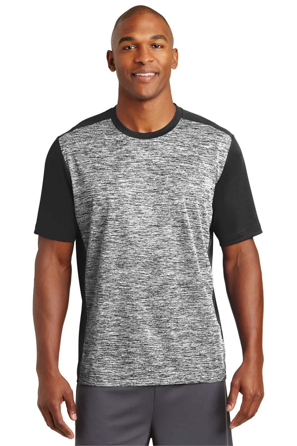 Sport-Tek Mens Electric Heather Moisture Wicking Short Sleeve Crewneck T-Shirt - Black Electric/Black - Closeout Clothing Sport-Tek