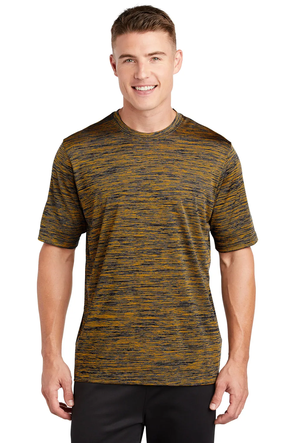 Sport-Tek Mens Electric Heather Moisture Wicking Short Sleeve Crewneck T-Shirt - Gold/Black Electric - Closeout Clothing Sport-Tek