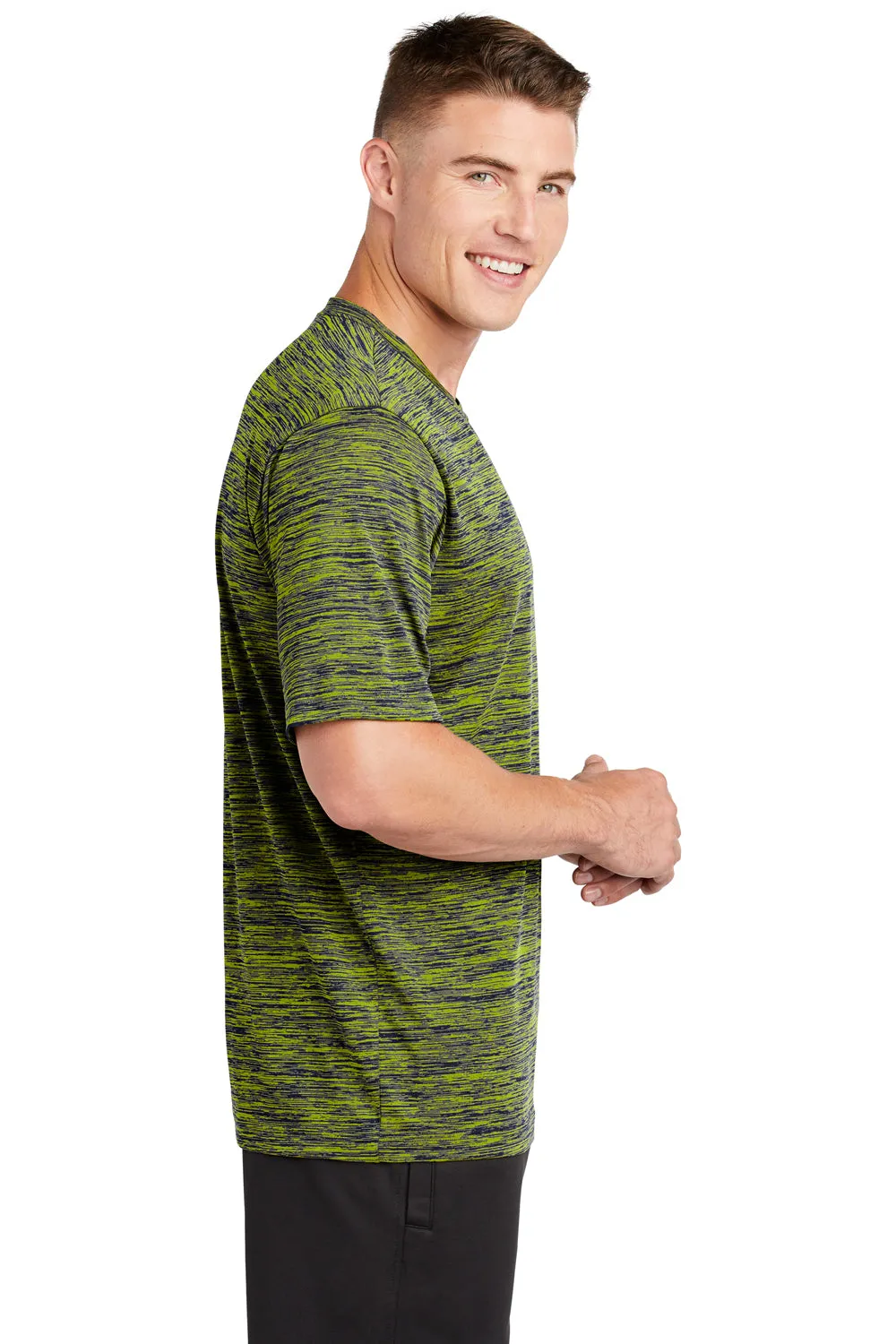 Sport-Tek Mens Electric Heather Moisture Wicking Short Sleeve Crewneck T-Shirt - Lime Shock Green/True Navy Blue Electric - Closeout Clothing Sport-Tek