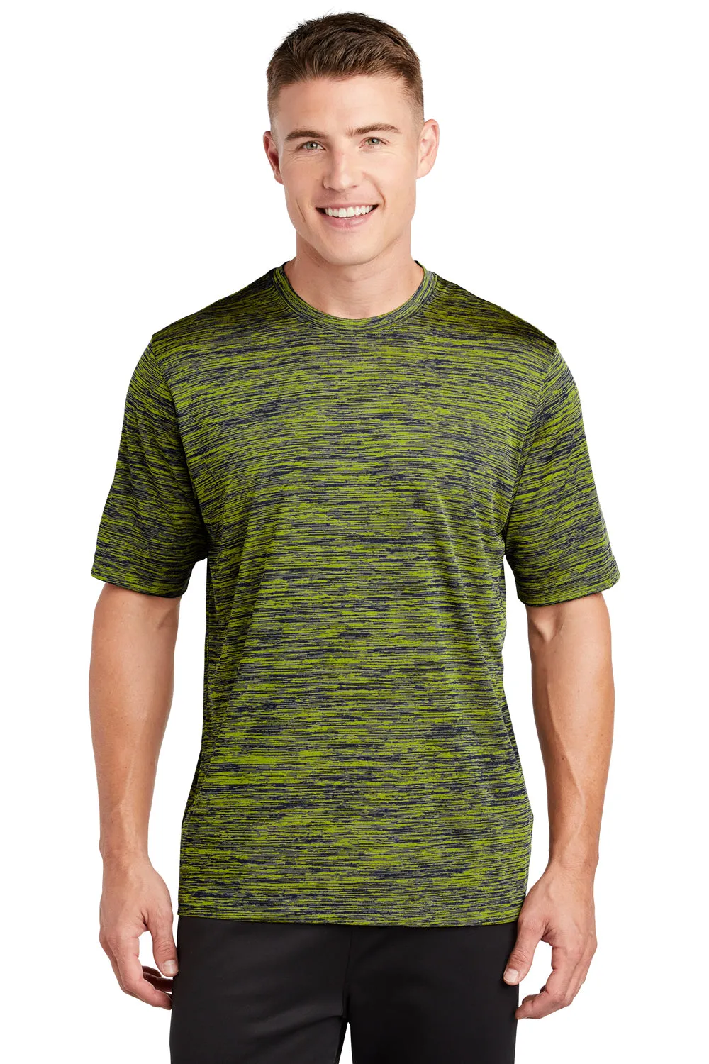 Sport-Tek Mens Electric Heather Moisture Wicking Short Sleeve Crewneck T-Shirt - Lime Shock Green/True Navy Blue Electric - Closeout Clothing Sport-Tek