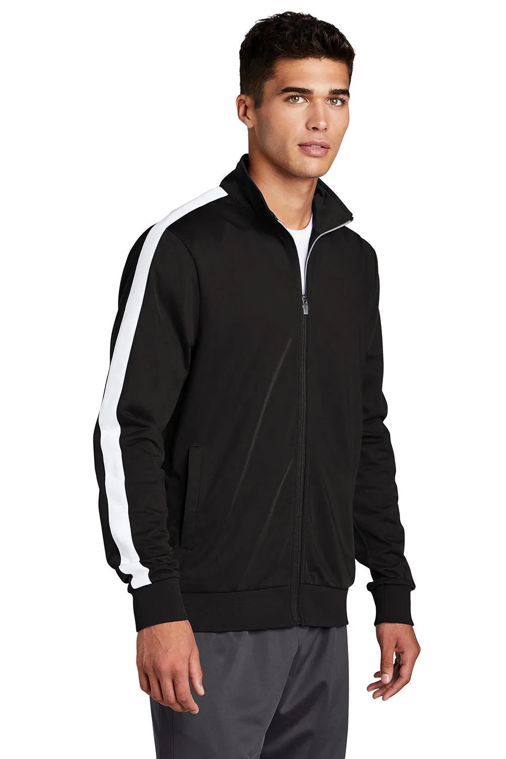 Sport-Tek Mens Full Zip Track Jacket - Black/White Clothing Sport-Tek
