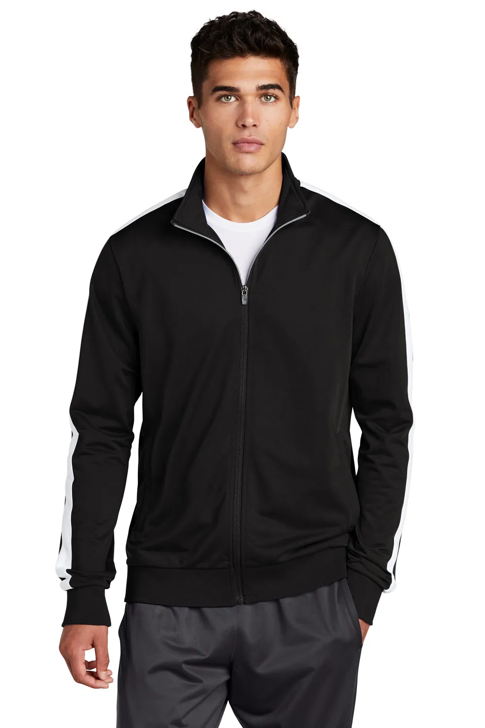 Sport-Tek Mens Full Zip Track Jacket - Black/White Clothing Sport-Tek