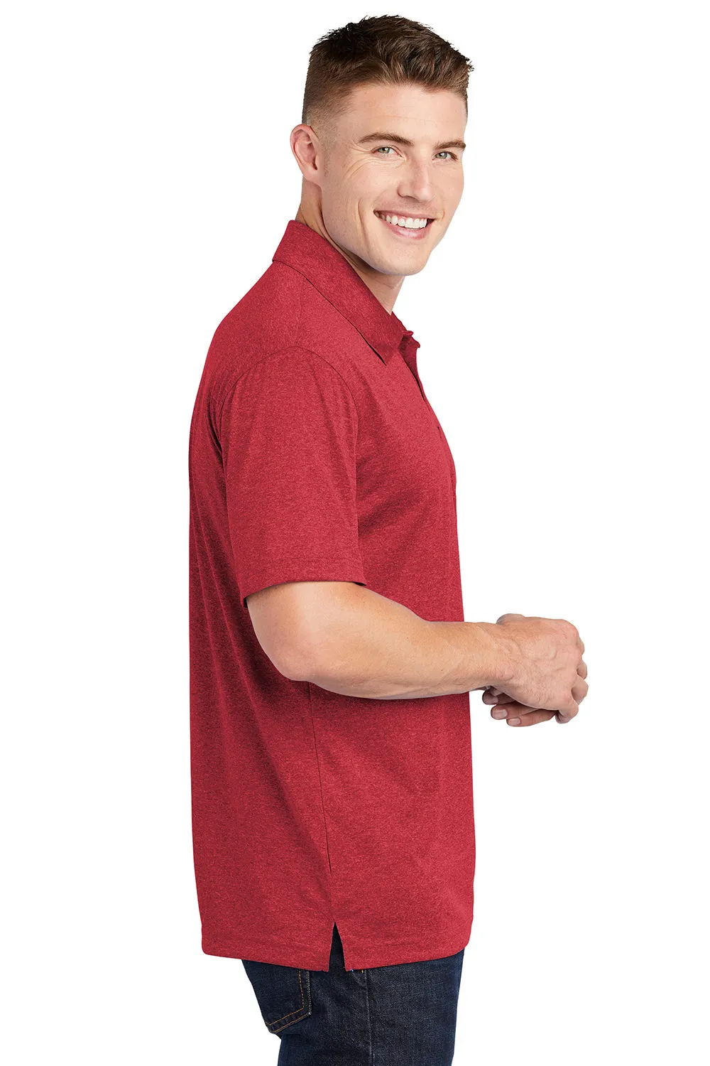 Sport-Tek Mens Heather Contender Moisture Wicking Short Sleeve Polo Shirt - Heather True Scarlet Red Clothing Sport-Tek