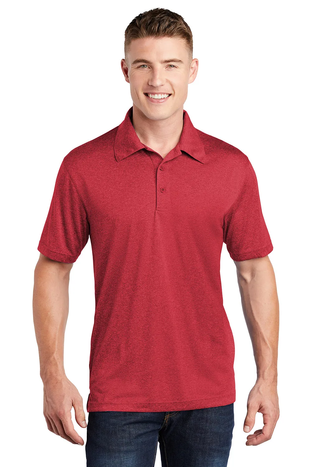 Sport-Tek Mens Heather Contender Moisture Wicking Short Sleeve Polo Shirt - Heather True Scarlet Red Clothing Sport-Tek