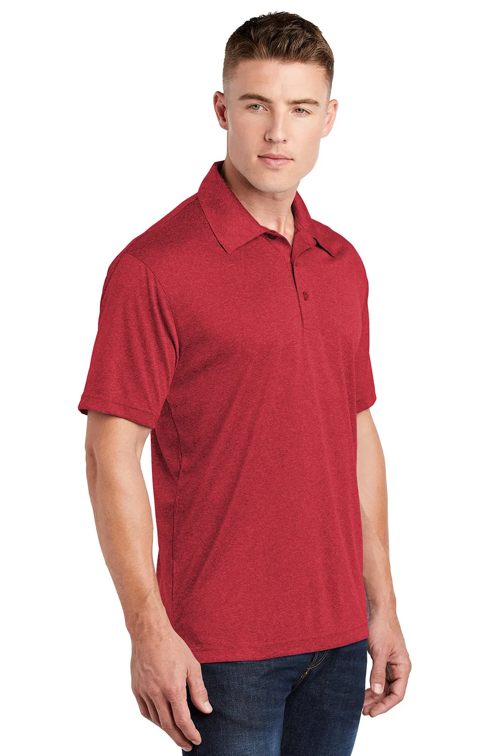 Sport-Tek Mens Heather Contender Moisture Wicking Short Sleeve Polo Shirt - Heather True Scarlet Red Clothing Sport-Tek
