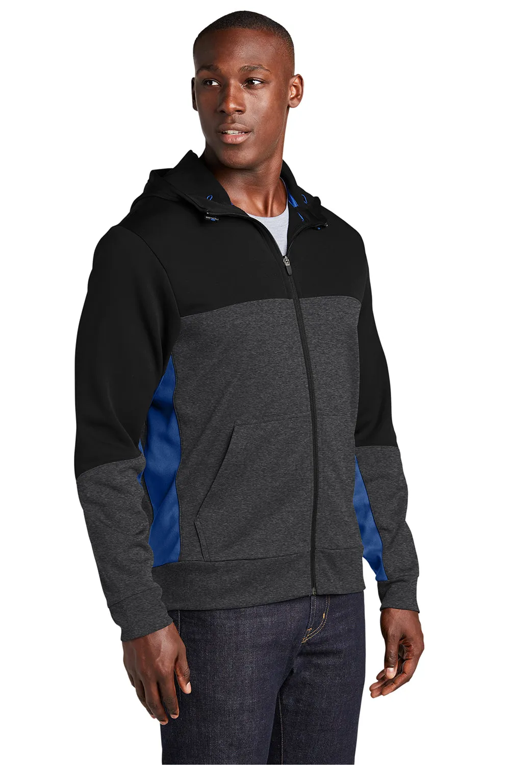 Sport-Tek Mens Moisture Wicking Full Zip Tech Fleece Hooded Jacket - Black/Heather Graphite Grey/True Royal Blue Clothing Sport-Tek