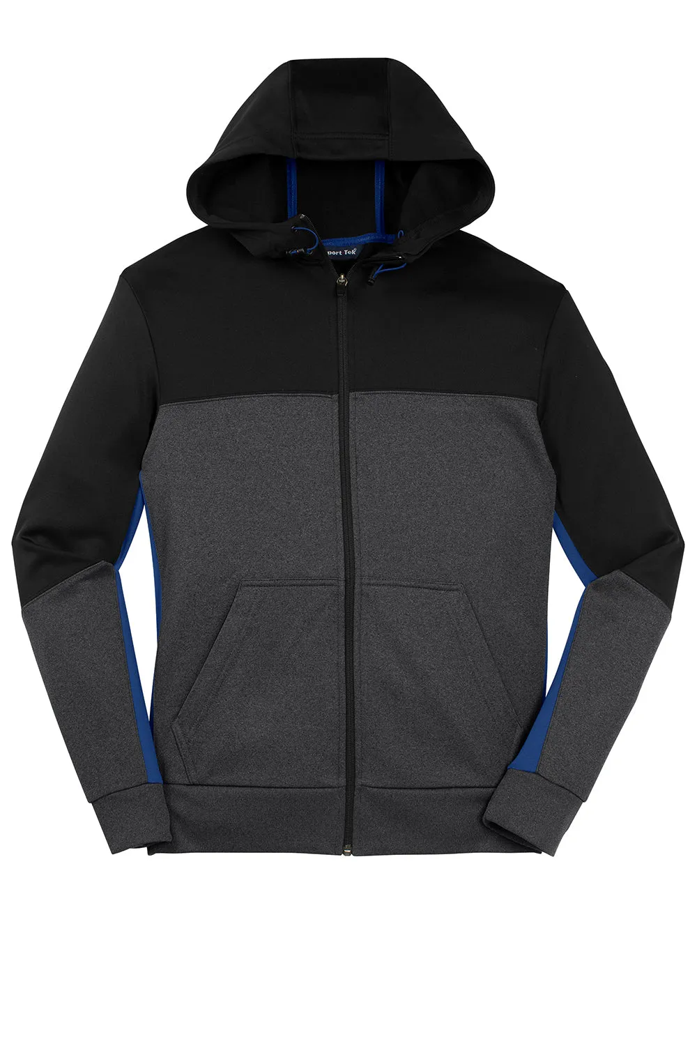 Sport-Tek Mens Moisture Wicking Full Zip Tech Fleece Hooded Jacket - Black/Heather Graphite Grey/True Royal Blue Clothing Sport-Tek