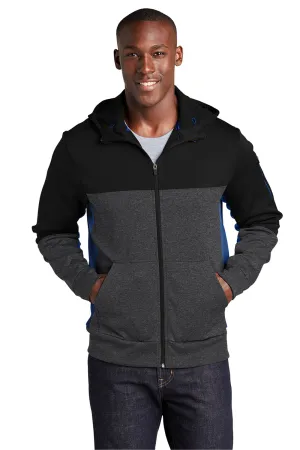 Sport-Tek Mens Moisture Wicking Full Zip Tech Fleece Hooded Jacket - Black/Heather Graphite Grey/True Royal Blue Clothing Sport-Tek