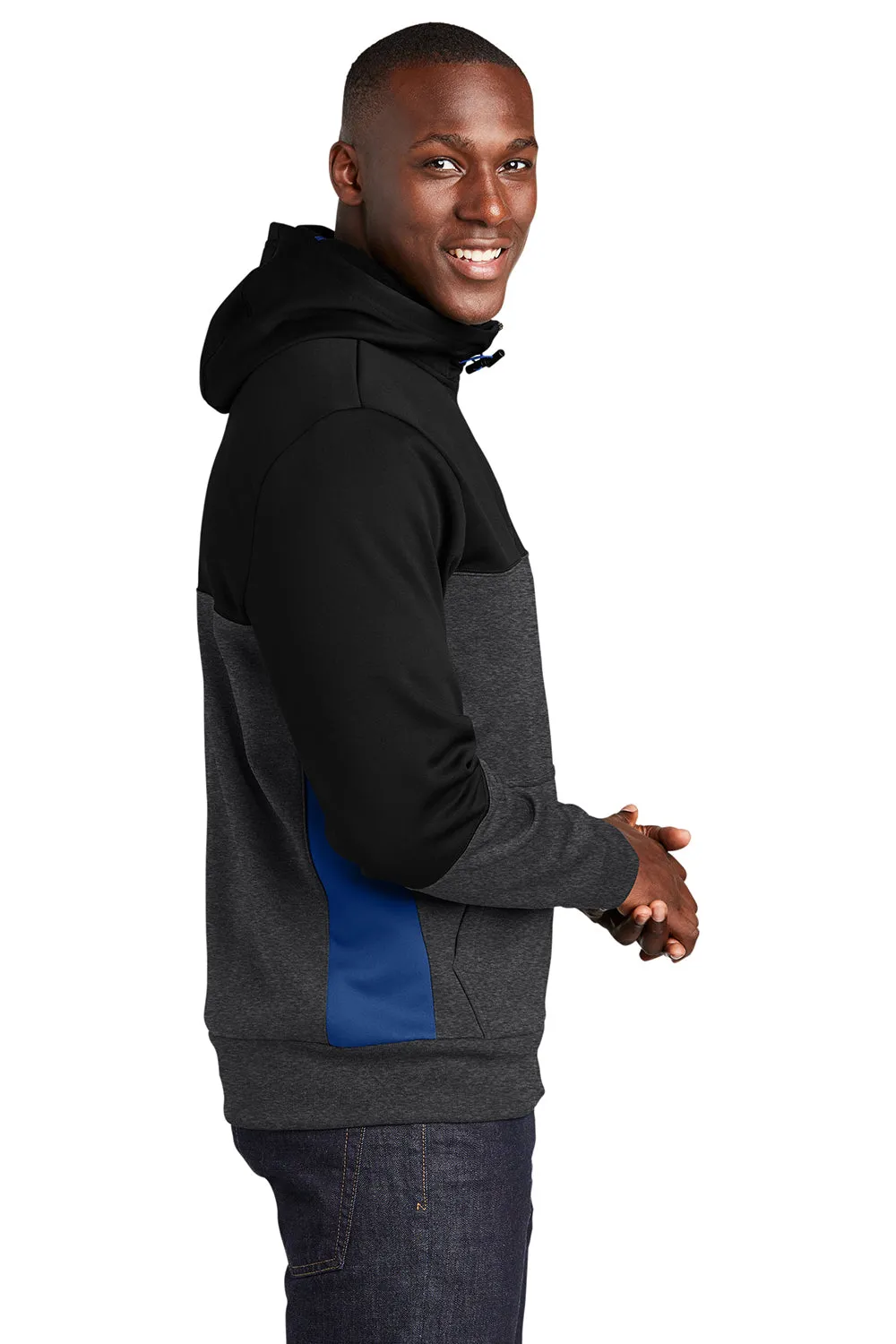 Sport-Tek Mens Moisture Wicking Full Zip Tech Fleece Hooded Jacket - Black/Heather Graphite Grey/True Royal Blue Clothing Sport-Tek