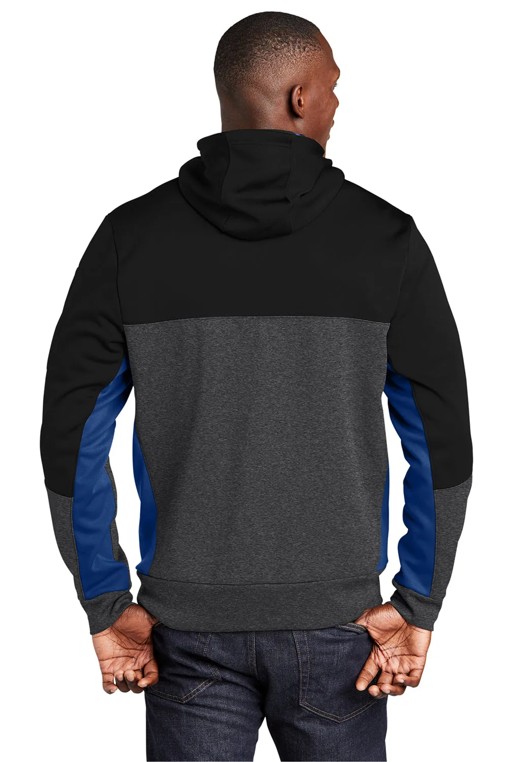 Sport-Tek Mens Moisture Wicking Full Zip Tech Fleece Hooded Jacket - Black/Heather Graphite Grey/True Royal Blue Clothing Sport-Tek