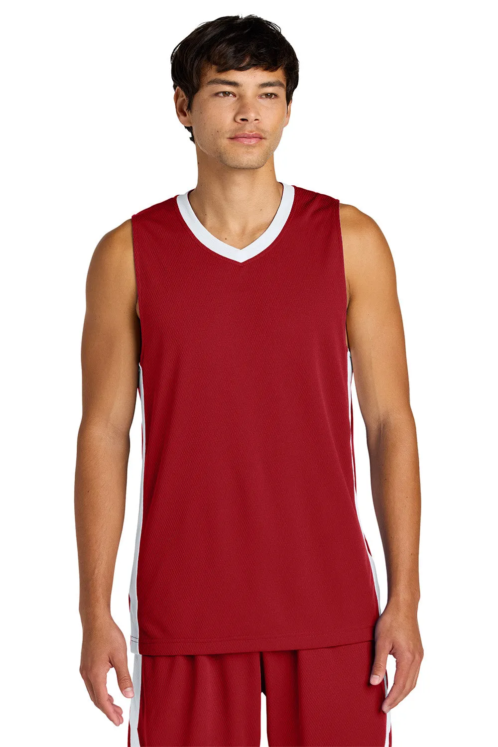 Sport-Tek Mens Rival Basketball Moisture Wicking Reversible Jersey Tank Top - Deep Red/White Clothing Sport-Tek