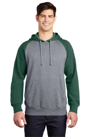 Sport-Tek Mens Shrink Resistant Fleece Hooded Sweatshirt Hoodie w/ Pouch Pocket - Heather Vintage Grey/Forest Green Clothing Sport-Tek
