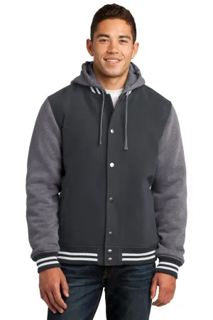 Sport-Tek Mens Snap Down Hooded Letterman Jacket - Graphite Grey/Heather Vintage Grey/White - Closeout Clothing Sport-Tek