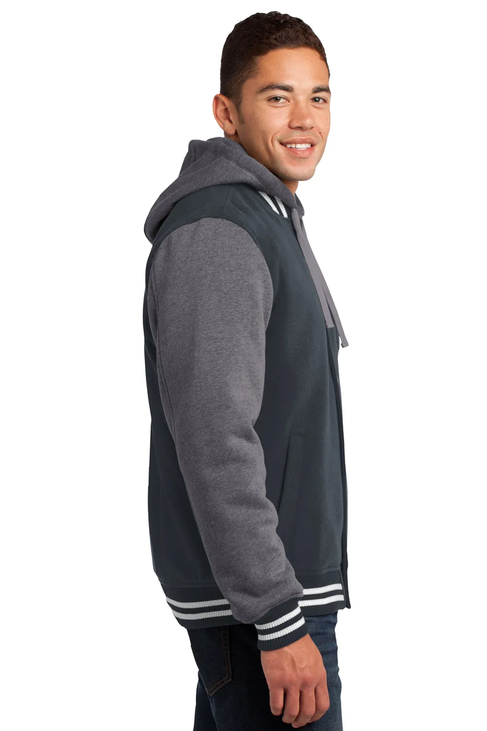Sport-Tek Mens Snap Down Hooded Letterman Jacket - Graphite Grey/Heather Vintage Grey/White - Closeout Clothing Sport-Tek
