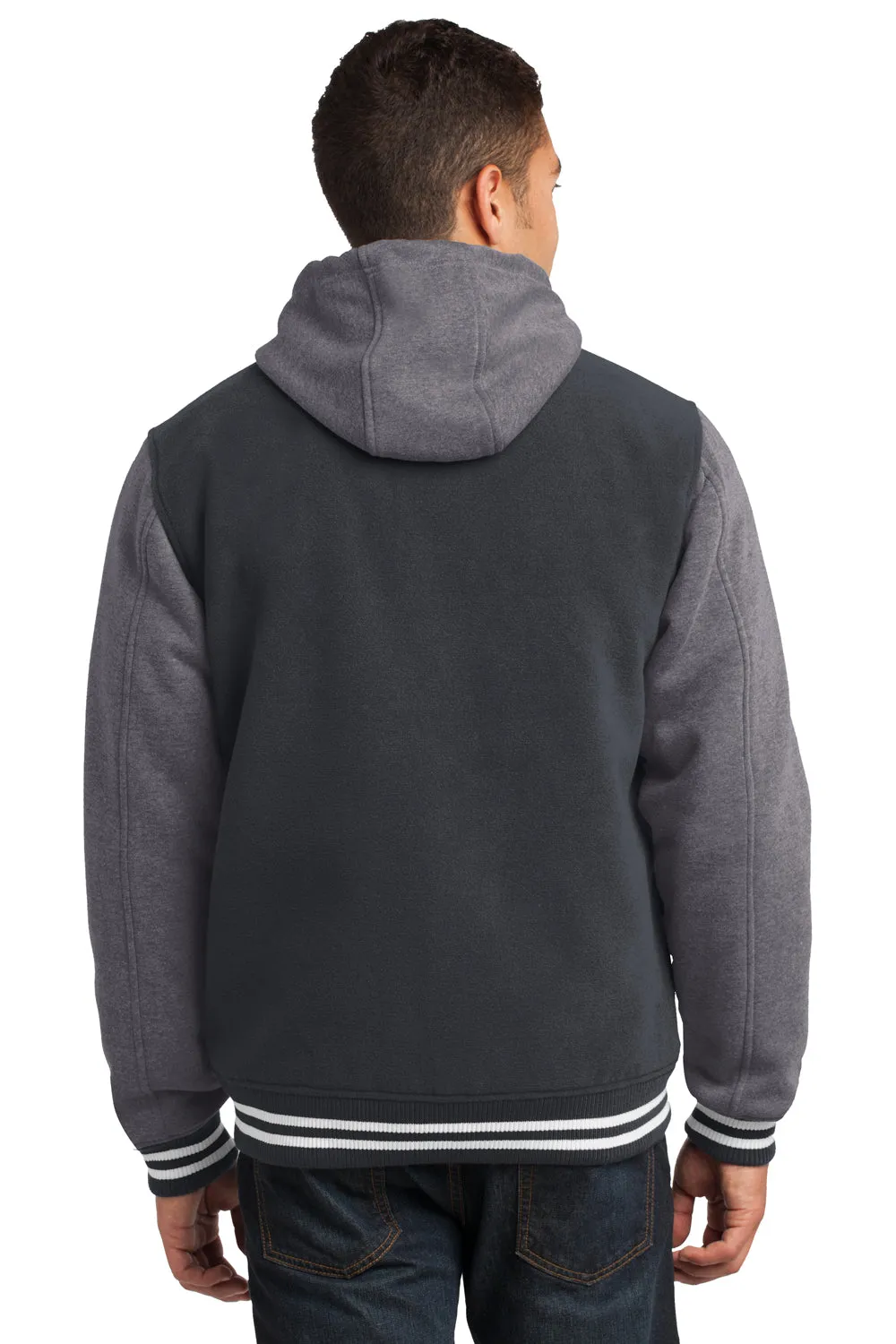 Sport-Tek Mens Snap Down Hooded Letterman Jacket - Graphite Grey/Heather Vintage Grey/White - Closeout Clothing Sport-Tek