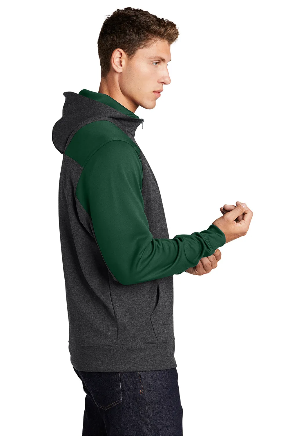 Sport-Tek Mens Tech Moisture Wicking Fleece 1/4 Zip Hooded Sweatshirt Hoodie w/ Patch Pocket - Heather Graphite Grey/Forest Green Clothing Sport-Tek