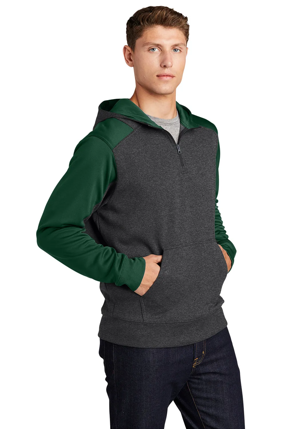 Sport-Tek Mens Tech Moisture Wicking Fleece 1/4 Zip Hooded Sweatshirt Hoodie w/ Patch Pocket - Heather Graphite Grey/Forest Green Clothing Sport-Tek
