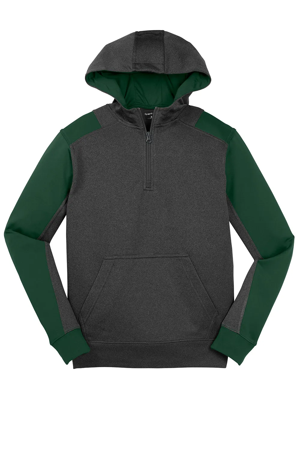 Sport-Tek Mens Tech Moisture Wicking Fleece 1/4 Zip Hooded Sweatshirt Hoodie w/ Patch Pocket - Heather Graphite Grey/Forest Green Clothing Sport-Tek