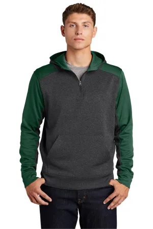 Sport-Tek Mens Tech Moisture Wicking Fleece 1/4 Zip Hooded Sweatshirt Hoodie w/ Patch Pocket - Heather Graphite Grey/Forest Green Clothing Sport-Tek