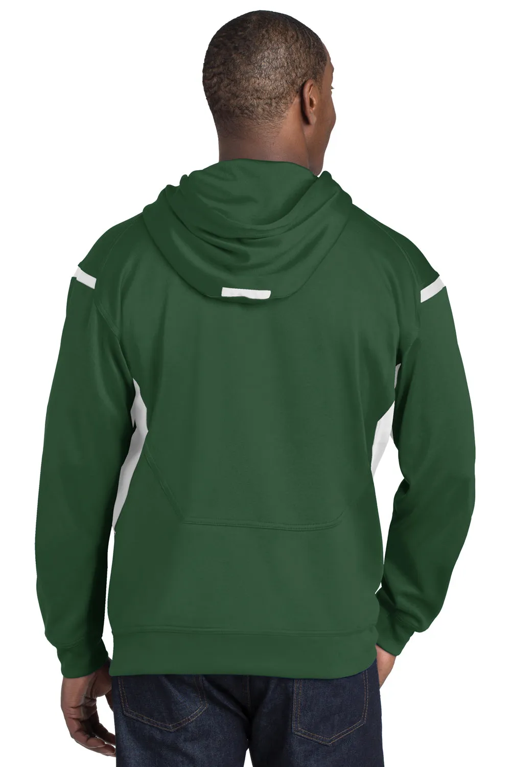 Sport-Tek Mens Tech Moisture Wicking Fleece Hooded Sweatshirt Hoodie w/ Pouch Pocket - Forest Green/White - Closeout Clothing Sport-Tek