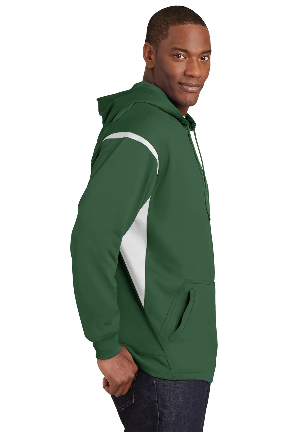 Sport-Tek Mens Tech Moisture Wicking Fleece Hooded Sweatshirt Hoodie w/ Pouch Pocket - Forest Green/White - Closeout Clothing Sport-Tek