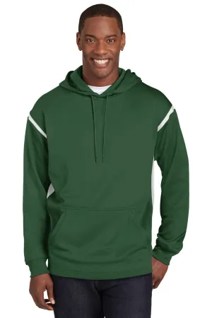 Sport-Tek Mens Tech Moisture Wicking Fleece Hooded Sweatshirt Hoodie w/ Pouch Pocket - Forest Green/White - Closeout Clothing Sport-Tek
