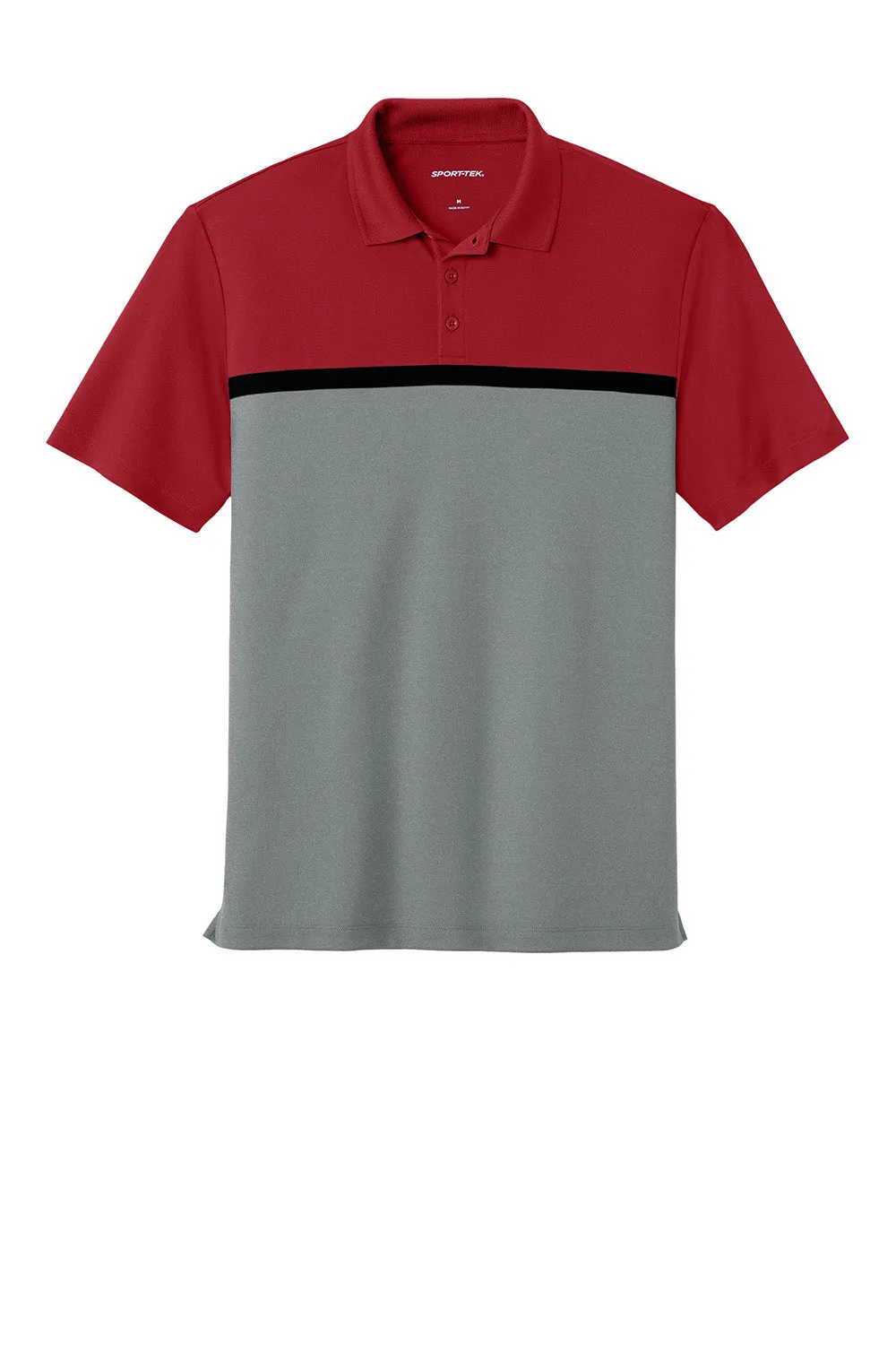 Sport-Tek Mens UV Micropique Colorblock Moisture Wicking Short Sleeve Polo Shirt - Deep Red/Heather Concrete Grey/Black Clothing Sport-Tek