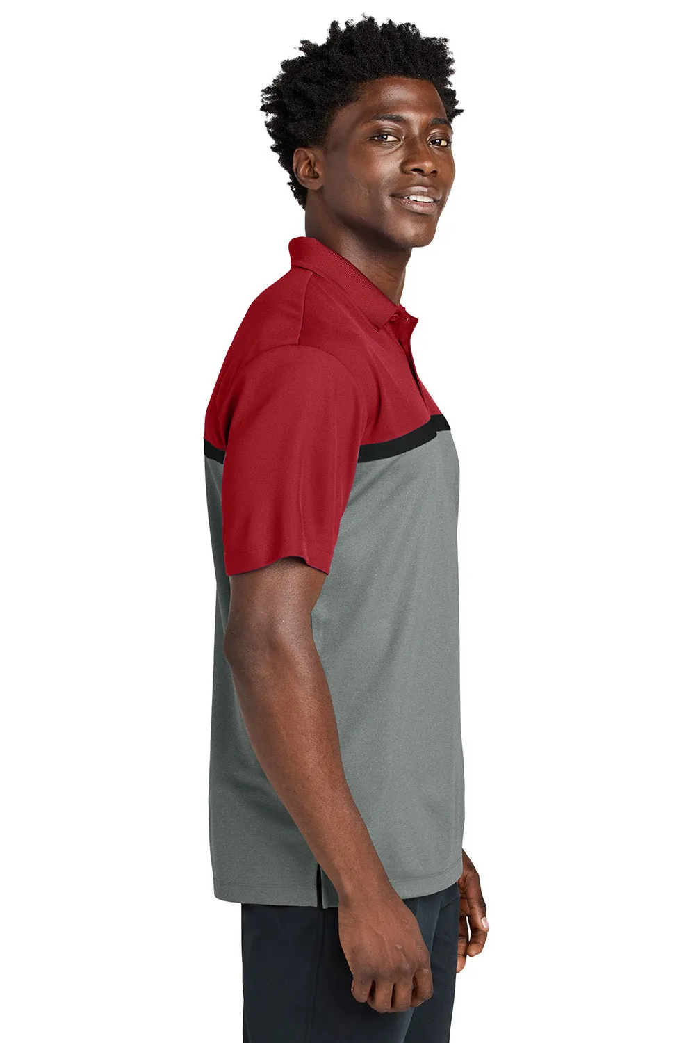 Sport-Tek Mens UV Micropique Colorblock Moisture Wicking Short Sleeve Polo Shirt - Deep Red/Heather Concrete Grey/Black Clothing Sport-Tek