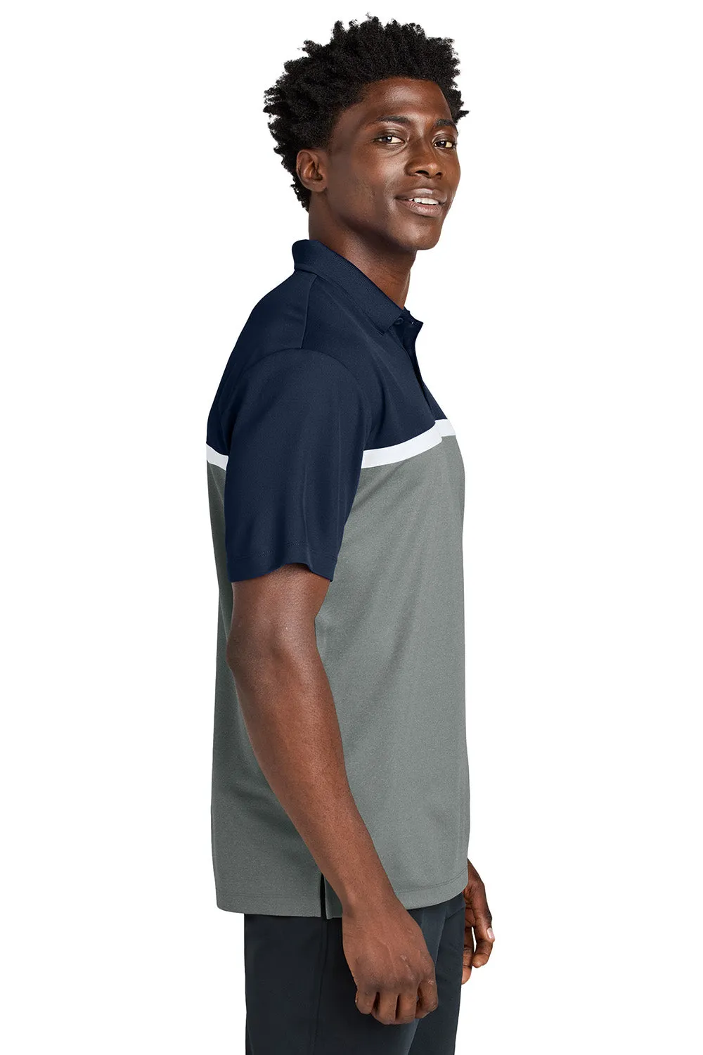 Sport-Tek Mens UV Micropique Colorblock Moisture Wicking Short Sleeve Polo Shirt - True Navy Blue/Heather Concrete Grey/White Clothing Sport-Tek