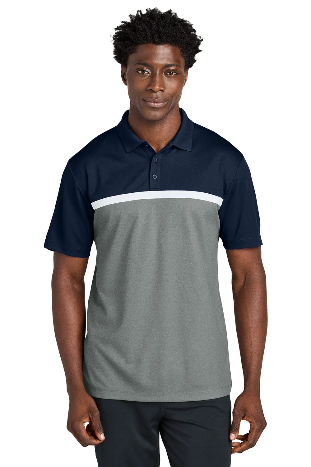 Sport-Tek Mens UV Micropique Colorblock Moisture Wicking Short Sleeve Polo Shirt - True Navy Blue/Heather Concrete Grey/White Clothing Sport-Tek