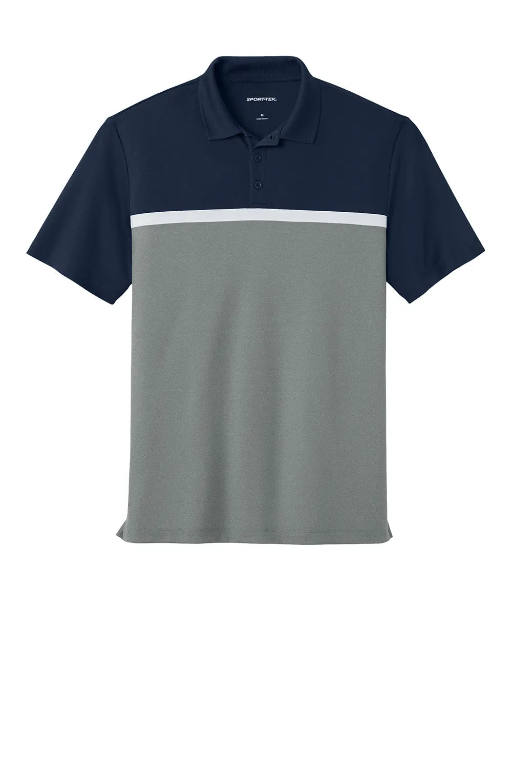 Sport-Tek Mens UV Micropique Colorblock Moisture Wicking Short Sleeve Polo Shirt - True Navy Blue/Heather Concrete Grey/White Clothing Sport-Tek