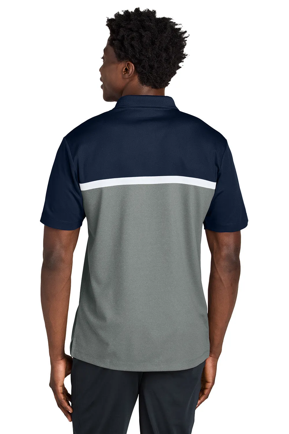 Sport-Tek Mens UV Micropique Colorblock Moisture Wicking Short Sleeve Polo Shirt - True Navy Blue/Heather Concrete Grey/White Clothing Sport-Tek