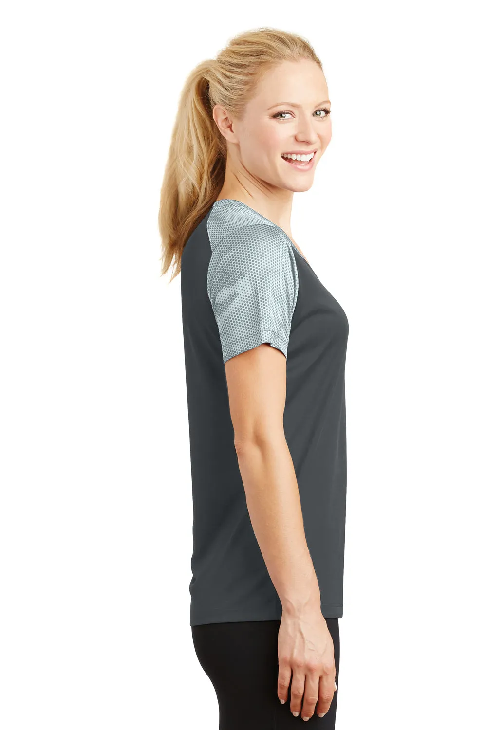 Sport-Tek Womens CamoHex Moisture Wicking Short Sleeve V-Neck T-Shirt - Iron Grey/White - Closeout Clothing Sport-Tek