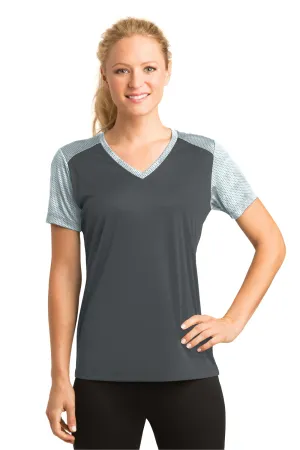 Sport-Tek Womens CamoHex Moisture Wicking Short Sleeve V-Neck T-Shirt - Iron Grey/White - Closeout Clothing Sport-Tek