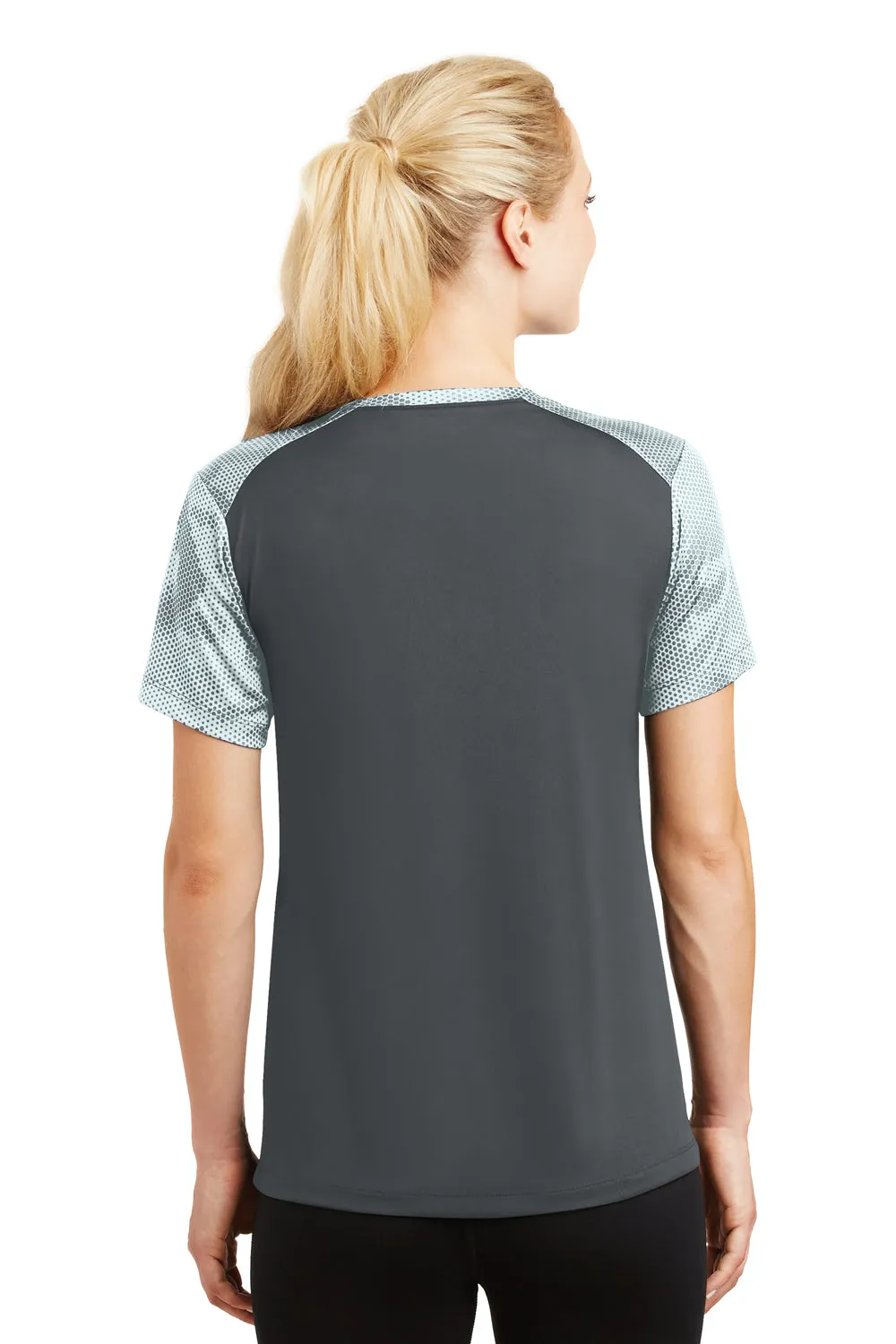 Sport-Tek Womens CamoHex Moisture Wicking Short Sleeve V-Neck T-Shirt - Iron Grey/White - Closeout Clothing Sport-Tek
