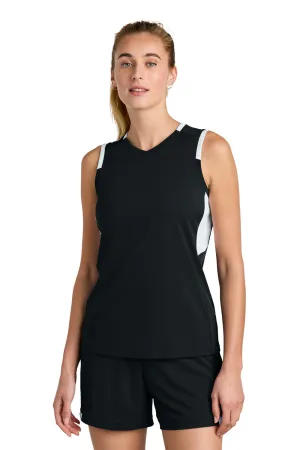 Sport-Tek Womens Club Moisture Wicking V-Neck Tank Top - Black/White Clothing Sport-Tek