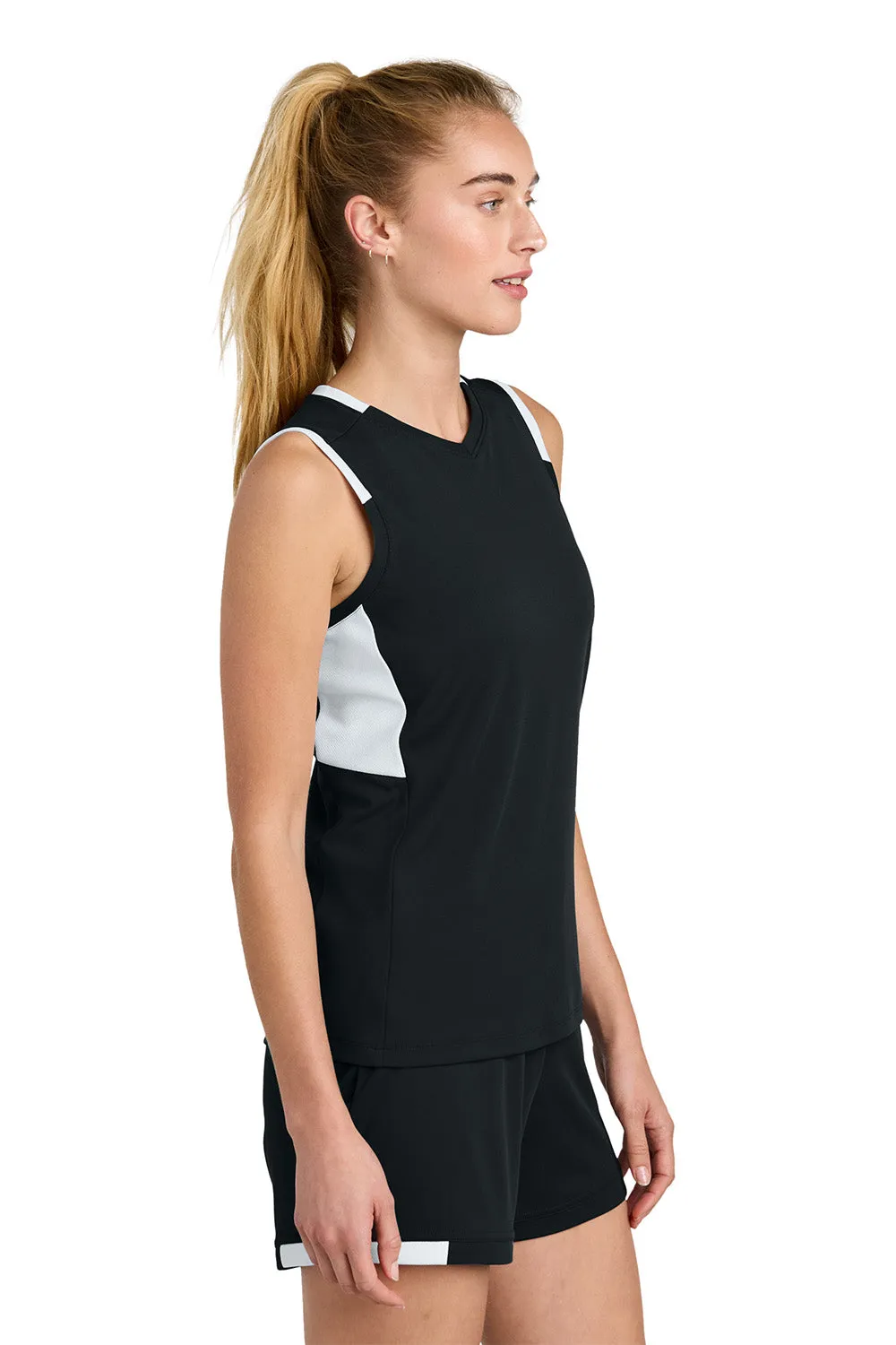Sport-Tek Womens Club Moisture Wicking V-Neck Tank Top - Black/White Clothing Sport-Tek