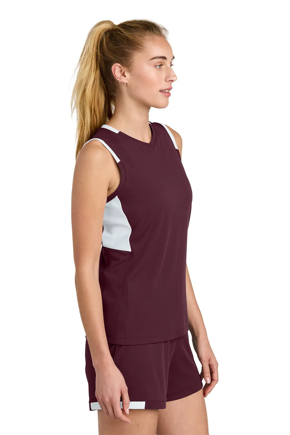 Sport-Tek Womens Club Moisture Wicking V-Neck Tank Top - Maroon/White Clothing Sport-Tek